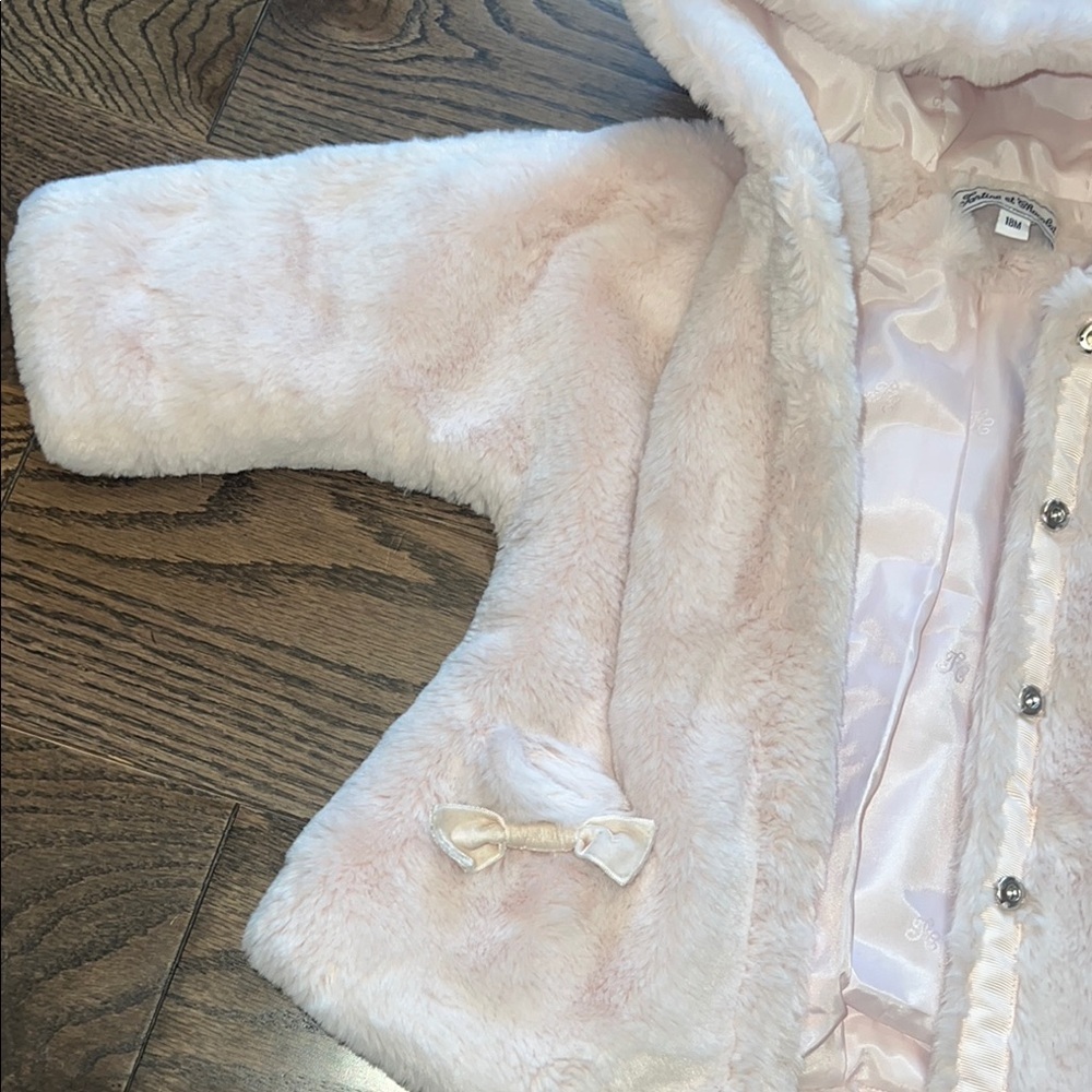 Tartine et Chocolat 18 months Baby Pink Faux Fur Hooded Coat EUC - Picture 5 of 11